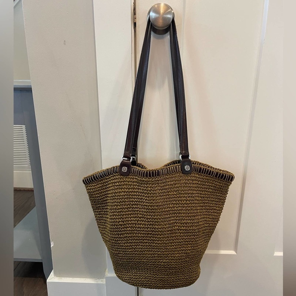 Brighton Woven Straw Tote with Dark Brown Leather Straps